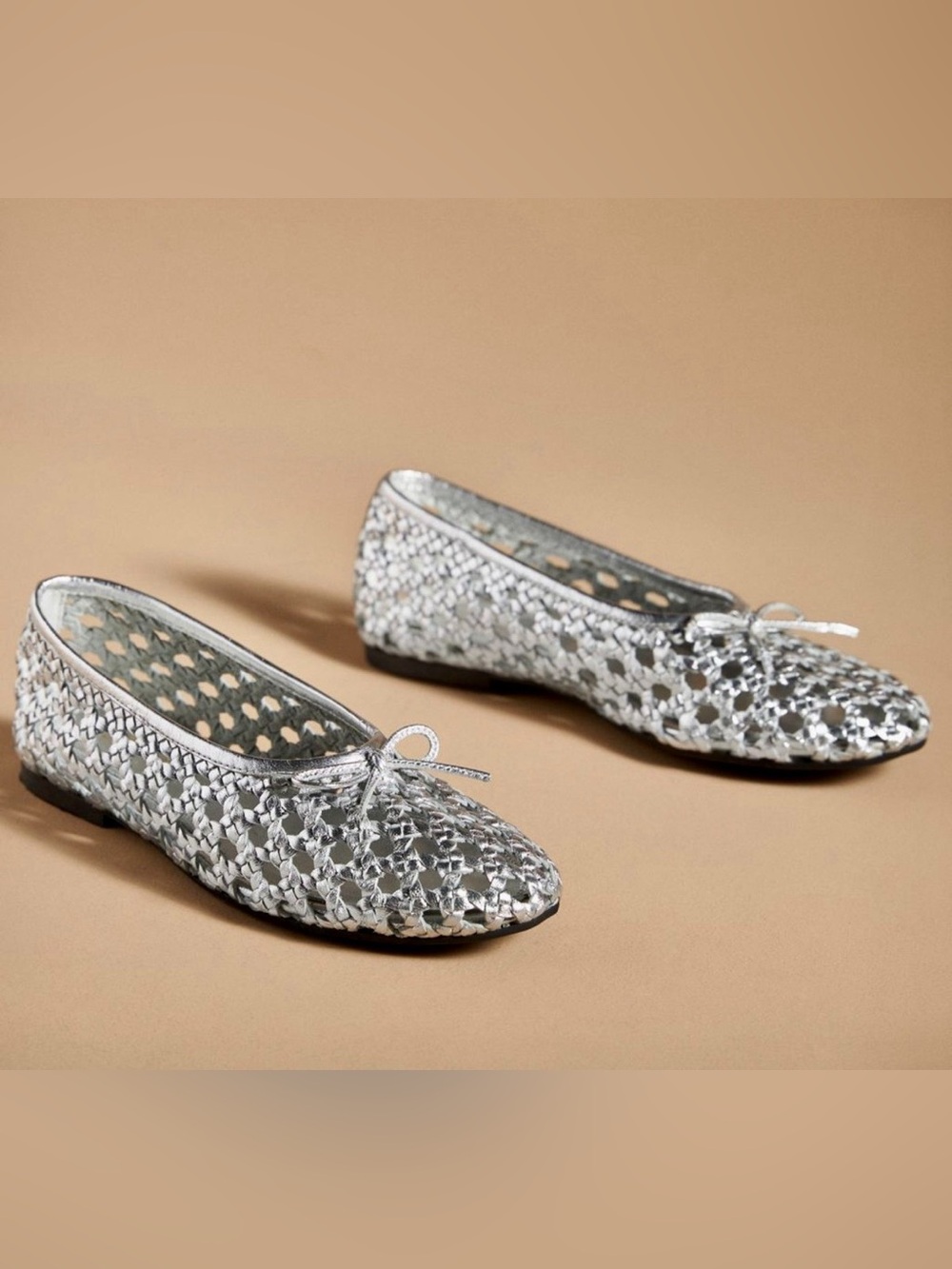 Anthropologie Pilcro Woven Ballet Flat Silver Metallic Leather Bow